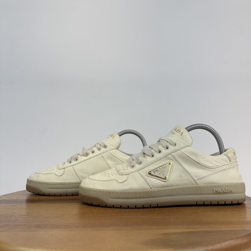 Womens‎ Prada Downtown Ivory Leather Comfort Casual Sneakers Shoes Size 37 GUC - Picture 2 of 11